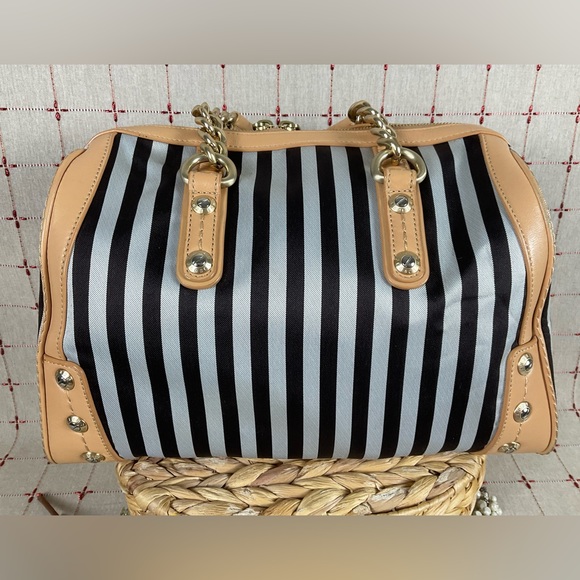 Henri Bendel Signature Stripe Barrel Bag Rare Chain Strap Handles Handbag Beauty - Picture 3 of 16